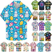 DDAPJ pyju Hawaiian Shirts for Men Funny Easter Egg Printed Short Sleeve Lapel Button Down Shirts Egg Hunt Themed Party Shirt Summer Holiday Tops Clearance Sale Light Blue XL